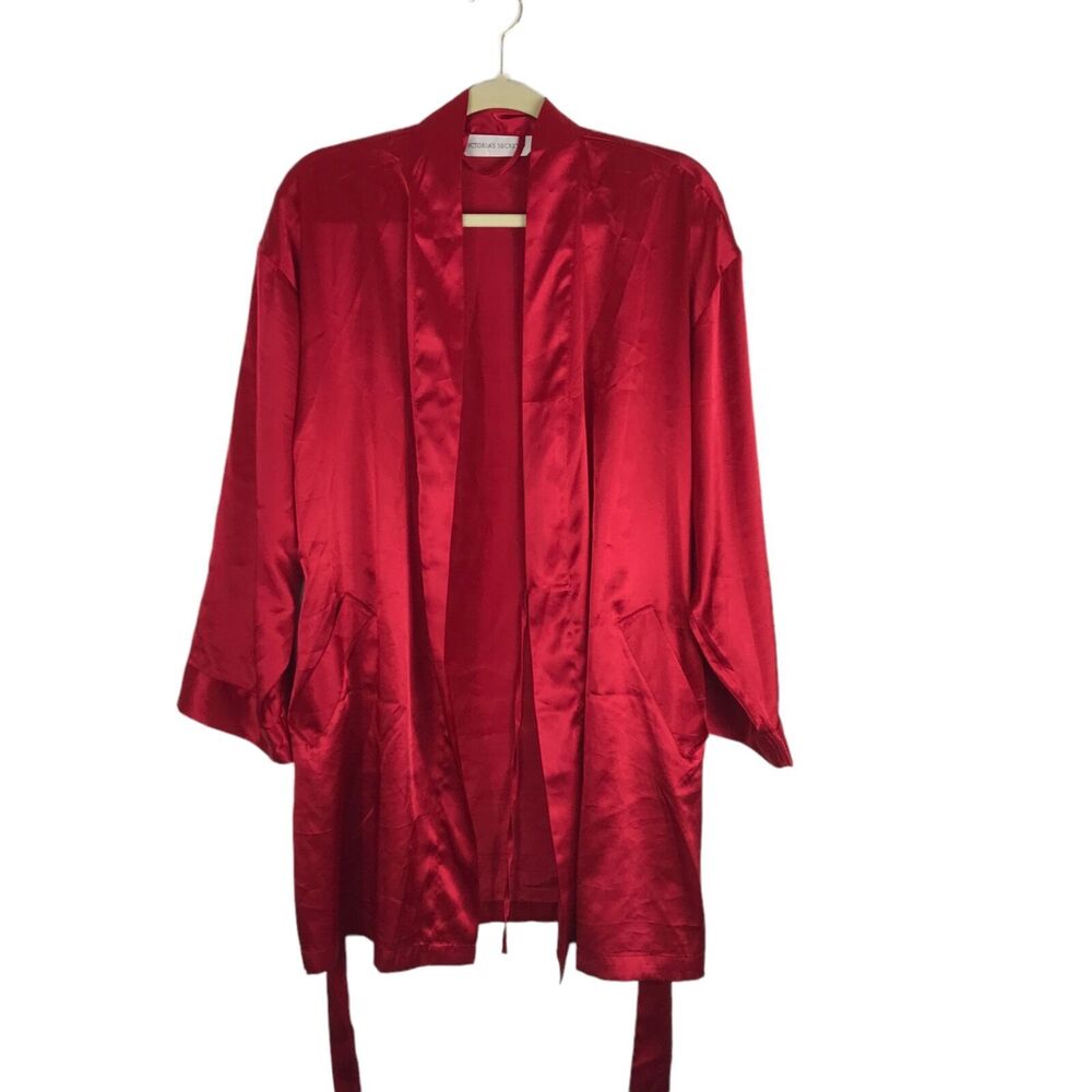 Victoria’s Secret Satin Robe Tie Waist One Size Red Pockets Silky Sexy PJ‎ Soft